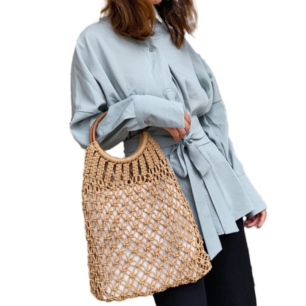 Boho Woven Straw Tote Bag Rattan Beach Handbag Tan OS - Picture 15 of 15